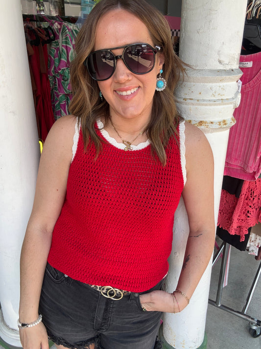 Sleeveless Sweater with Contrasting Edges & Jacquard Detail