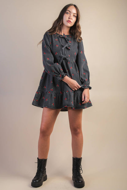 Soft Washed Denim Printed Casual Mini Dress