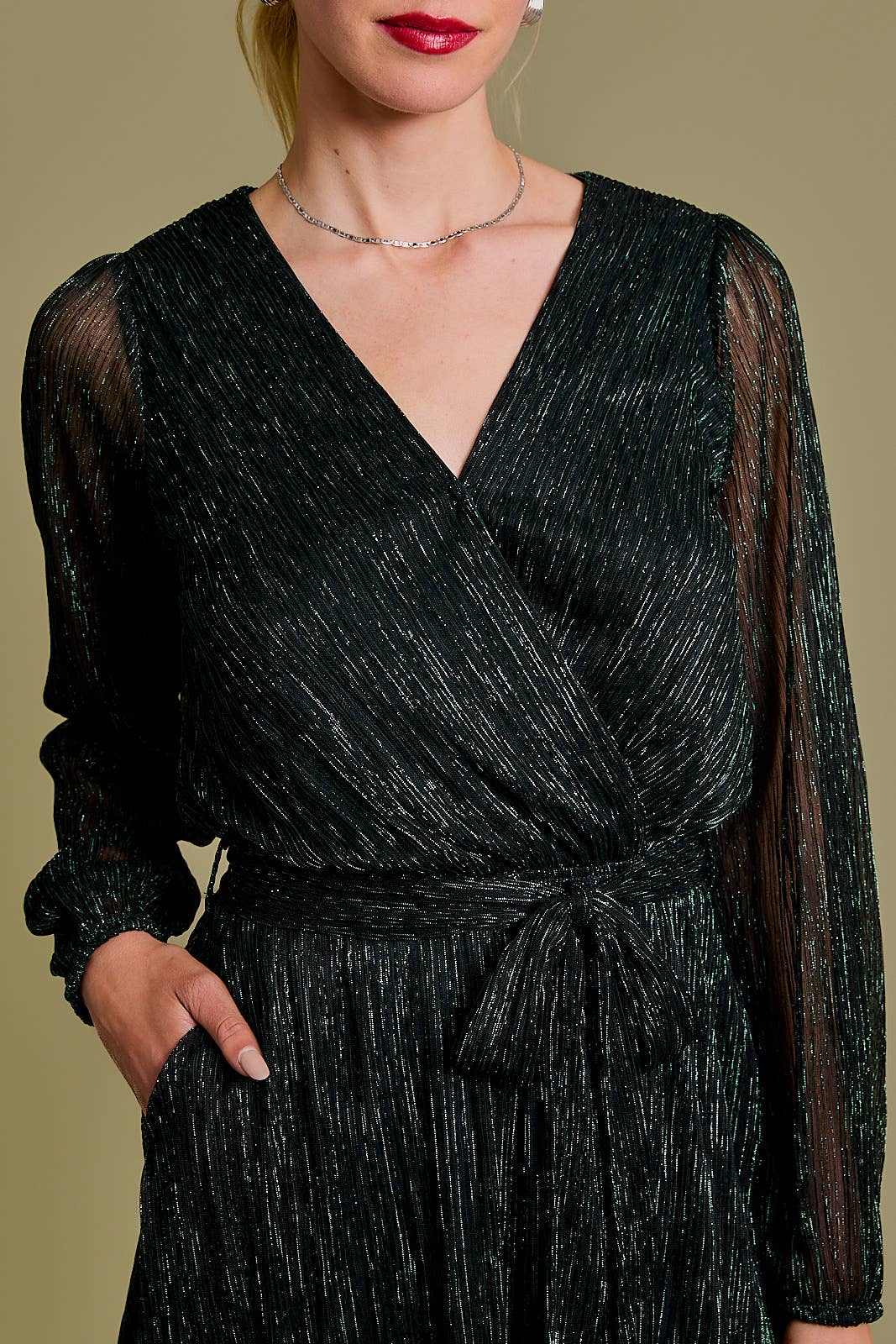 SURPLICE LONG SLEEVE WAIST TIE ROMPER