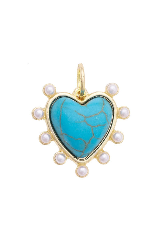 Rhinestone Studded Heart Charm in in Turquoise & Shiny Gold