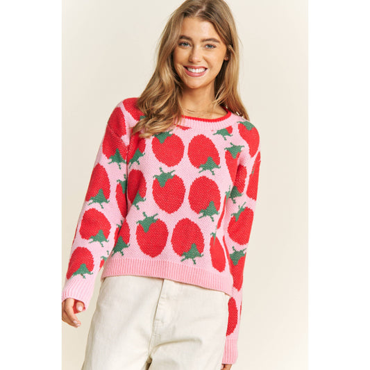 CUTE STRAWBERRY JACQUARD CASUAL PULLOVER SWEATER