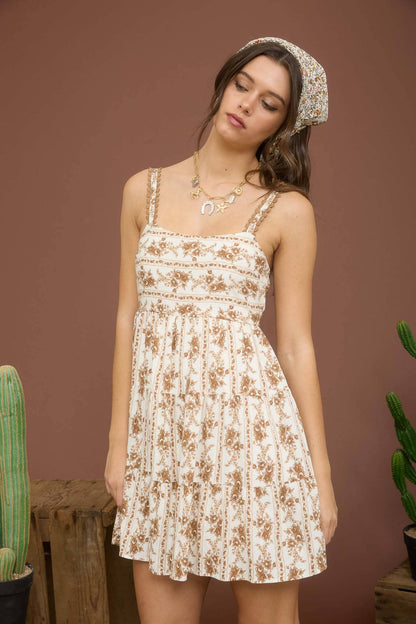 STRIPE FLORAL SLEEVELESS TIERED MINI DRESS