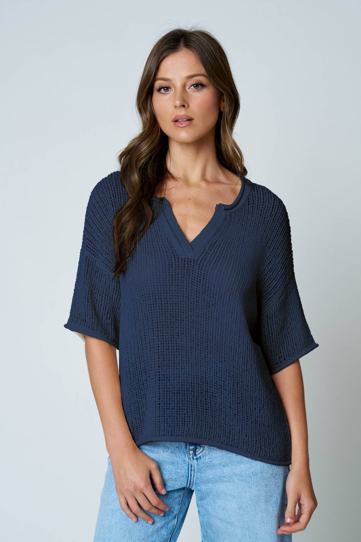 SPLIT NECK SHORT SLEEVE SHEER CROCHET KNIT TOP