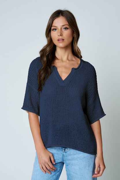 SPLIT NECK SHORT SLEEVE SHEER CROCHET KNIT TOP