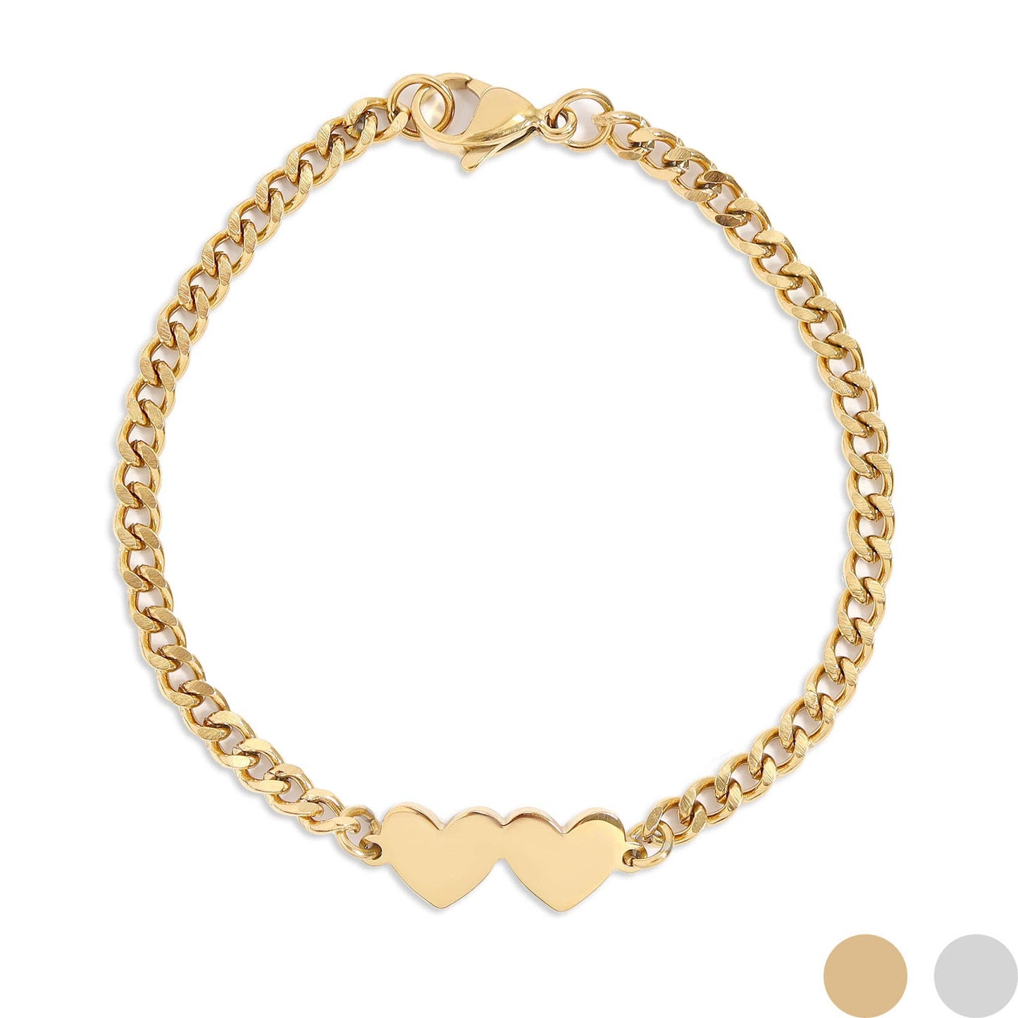 18K Gold PVD Stainless Steel Engravable 2 Hearts on Curb Chain Bracelet