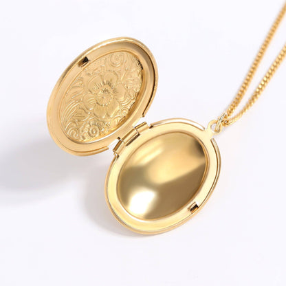 18K Gold PVD Stainless Steel Textured Oval Locket Pendant