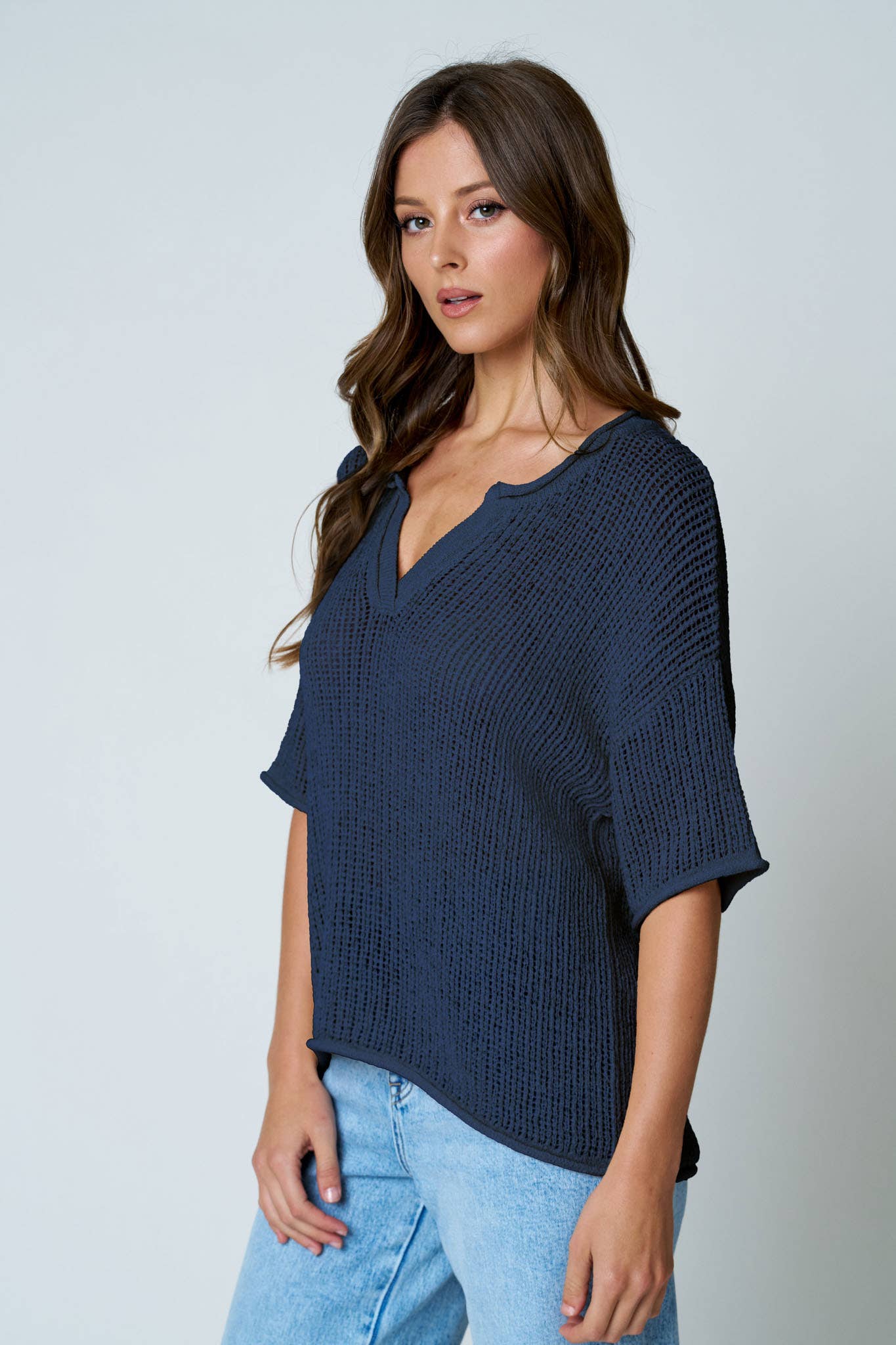 SPLIT NECK SHORT SLEEVE SHEER CROCHET KNIT TOP