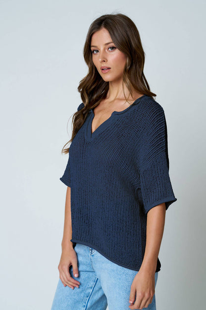 SPLIT NECK SHORT SLEEVE SHEER CROCHET KNIT TOP