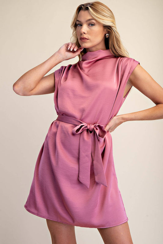 Mock Neck Waist Tie Sleeveless Mini Dress