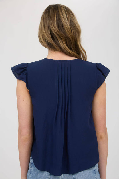 FRONT TIE PLEATED RUFFLE SLEEVE BLOUSE