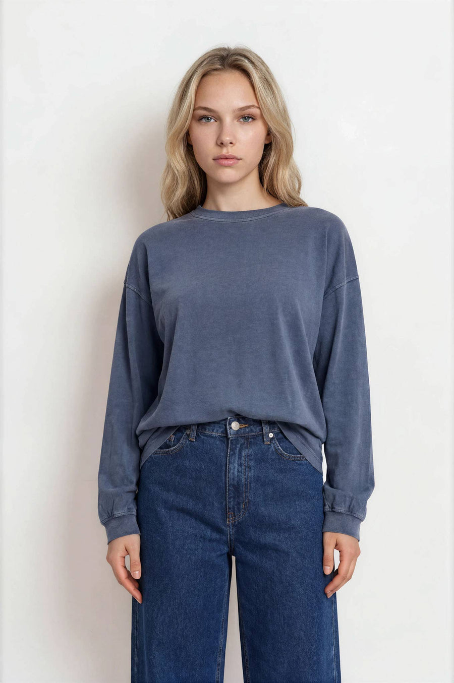 WASHED CREW NECK LONG SLEEVE KNIT TOP