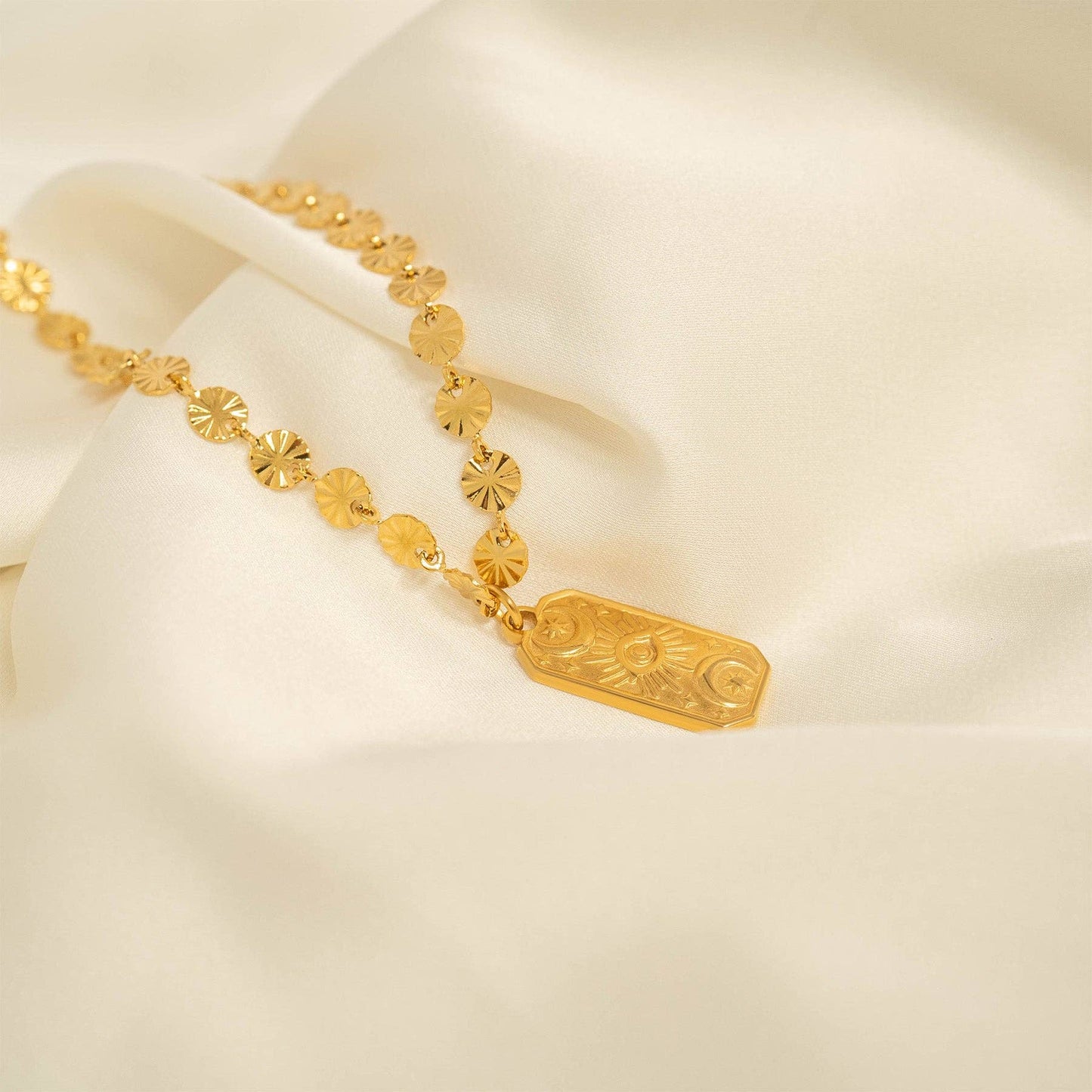 18K Gold PVD Stainless Steel Sunburst Chain Necklace