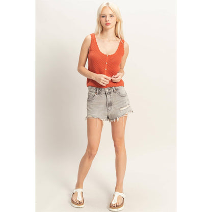 Open Knit Scallop Edge Button Front Tank Top