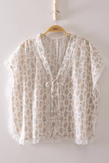 Romantic Floral Lace Tie Blouse