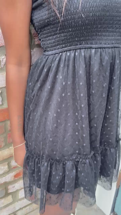 POLKA DOT CHIFFON SMOCKED RUFFLE DETAIL MINI DRESS